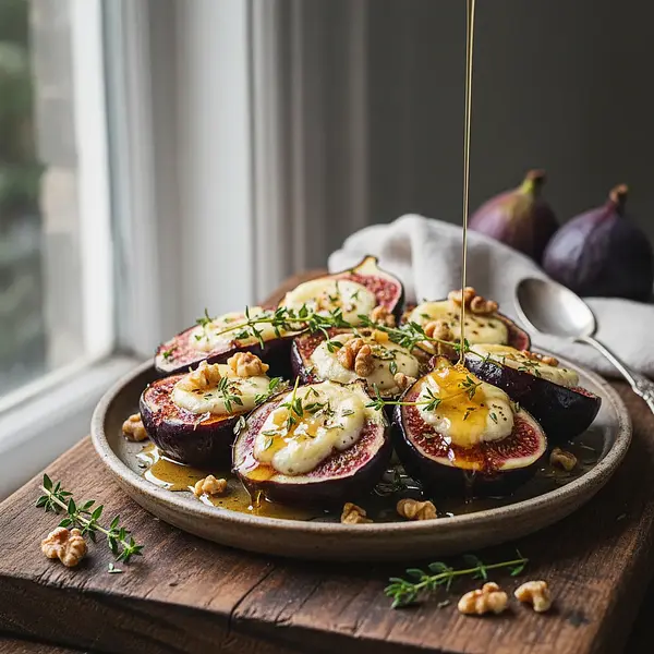 Baked Figs with Goat Cheese, Thyme Honey, and Walnuts
