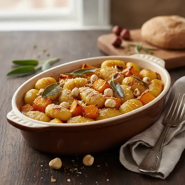 Baked Gnocchi with Pumpkin, Sage, and Hazelnuts in a Butter Sauce