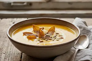 Velvety roasted pumpkin cream with crispy sage chips and toasted seeds
