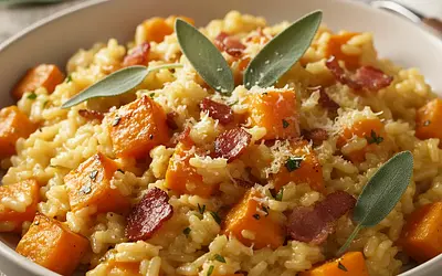 Creamy risotto with roasted pumpkin, sage, and crispy bacon