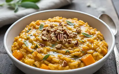 Creamy pumpkin risotto with sage butter and toasted pecans