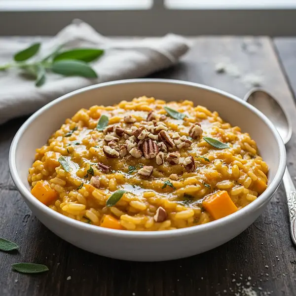 Creamy pumpkin risotto with sage butter and toasted pecans