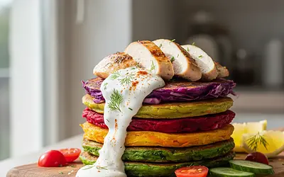 Rainbow Vegetable Pancakes with Chicken and Yogurt Sauce