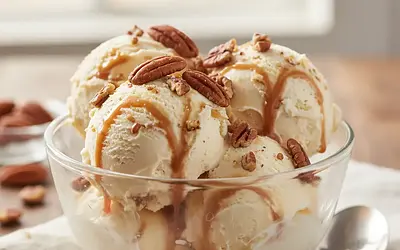 Creamy vanilla ice cream with salted caramel and toasted pecans (no machine)