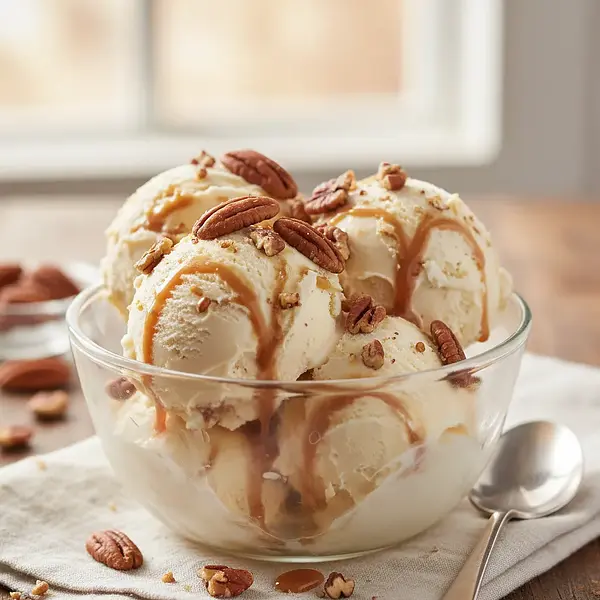 Creamy vanilla ice cream with salted caramel and toasted pecans (no machine)