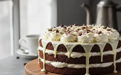 Chocolate-Coffee Spartak Cake with Mascarpone Cream and White Chocolate