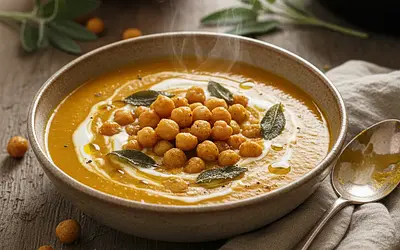 Hokkaido Pumpkin Soup with Crispy Chickpeas and Sage