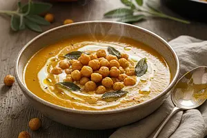 Hokkaido Pumpkin Soup with Crispy Chickpeas and Sage
