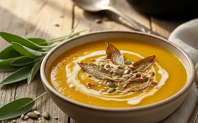 Velvety roasted pumpkin cream with crispy sage and toasted seeds