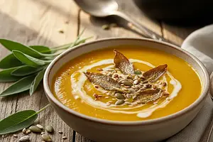 Velvety roasted pumpkin cream with crispy sage and toasted seeds