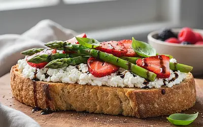 Toasts with Ricotta, Asparagus, and Strawberries with a Balsamic Touch