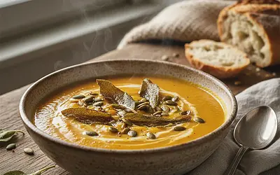 Velvety Roasted Pumpkin Cream with Crispy Sage and Toasted Seeds