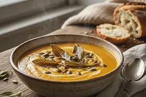 Velvety Roasted Pumpkin Cream with Crispy Sage and Toasted Seeds