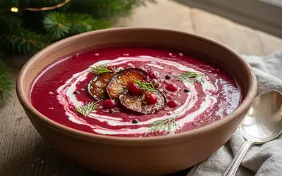 Creamy Christmas Borscht with Roasted Beets, Cranberries, and Smoked Plums