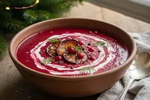 Creamy Christmas Borscht with Roasted Beets, Cranberries, and Smoked Plums