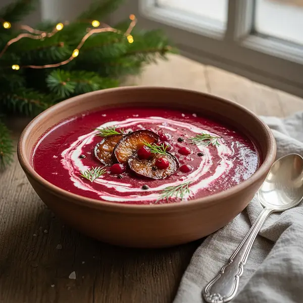 Creamy Christmas Borscht with Roasted Beets, Cranberries, and Smoked Plums