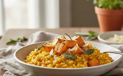Creamy risotto with roasted pumpkin, sage, and parmesan