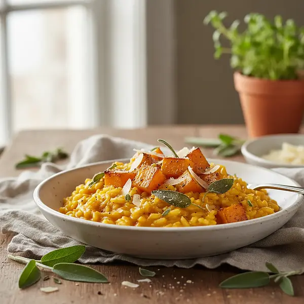 Creamy risotto with roasted pumpkin, sage, and parmesan