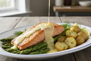 Baked salmon on an asparagus bed with hollandaise sauce and young potatoes