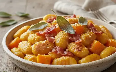 Kremowe Gnocchi z Pieczoną Dynią, Chrupiącym Boczkiem i Szałwią