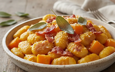 Kremowe Gnocchi z Pieczoną Dynią, Chrupiącym Boczkiem i Szałwią