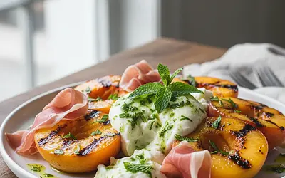 Grillowane brzoskwinie z burratą, szynką parmeńską i miętowym winegretem