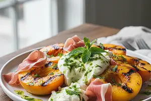 Grillowane brzoskwinie z burratą, szynką parmeńską i miętowym winegretem