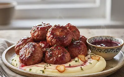 Baked Turkey Meatballs with Plum Sauce and Parsnip Purée