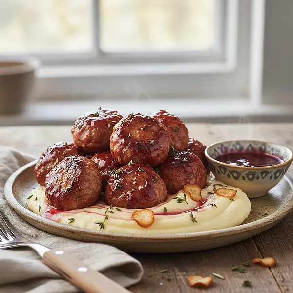 Baked Turkey Meatballs with Plum Sauce and Parsnip Purée