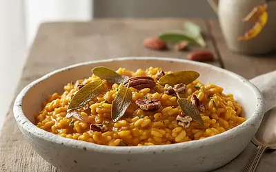 Creamy pumpkin risotto with crispy sage and toasted pecans