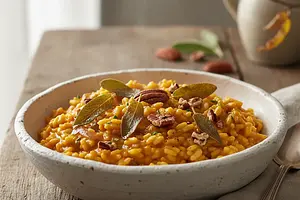 Creamy pumpkin risotto with crispy sage and toasted pecans