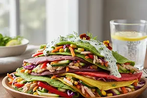 Rainbow Spinach Pancakes with Chicken and Vegetables