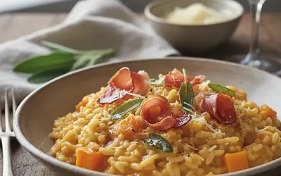 Kremowe Risotto z Dynią Piżmową, Szałwią i Chrupiącym Prosciutto