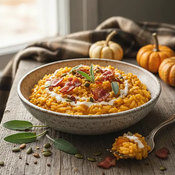 Jesienne Risotto Dyniowe z Szałwią i Chrupiącym Boczkiem