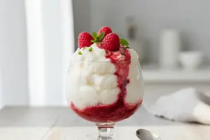 Light as a Cloud White Chocolate Mousse with Raspberry Sauce and a Hint of Mint