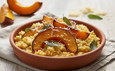 Creamy risotto with roasted pumpkin, sage, and parmesan