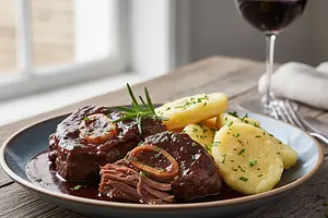 Wolno duszone policzki wołowe w czerwonym winie z knedlikami ziemniaczanymi