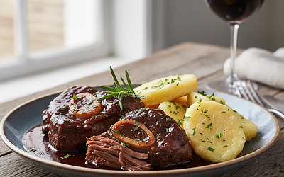 Wolno duszone policzki wołowe w czerwonym winie z knedlikami ziemniaczanymi