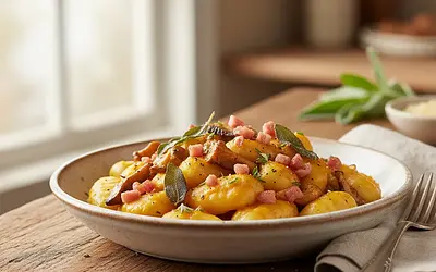 Kremowe Gnocchi z Sosem Dyniowo-Szałwiowym, Grzybami Leśnymi i Chrupiącą Pancettą