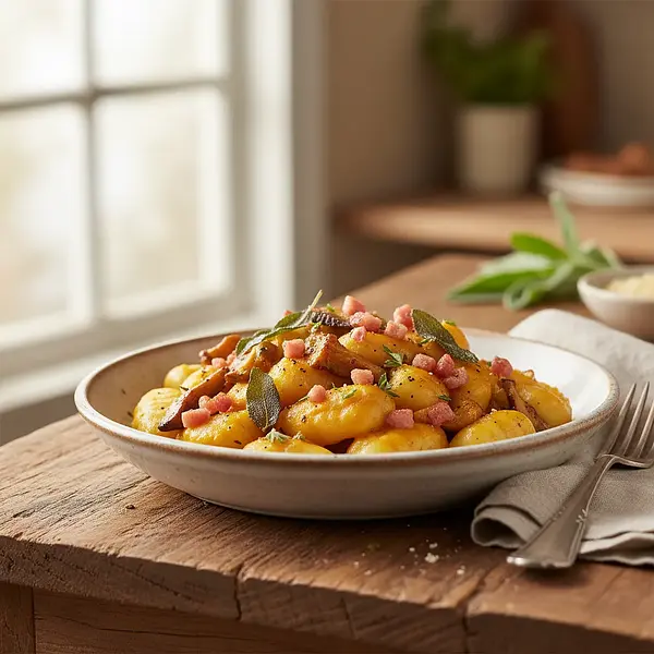 Kremowe Gnocchi z Sosem Dyniowo-Szałwiowym, Grzybami Leśnymi i Chrupiącą Pancettą