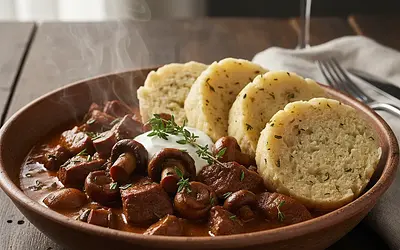 Jelení guláš s houbami a karlovarským knedlíkem