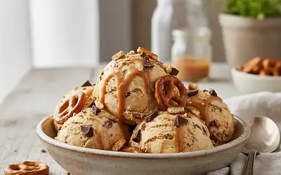 Creamy Salted Caramel Ice Cream with Pretzels and Chocolate (no machine)