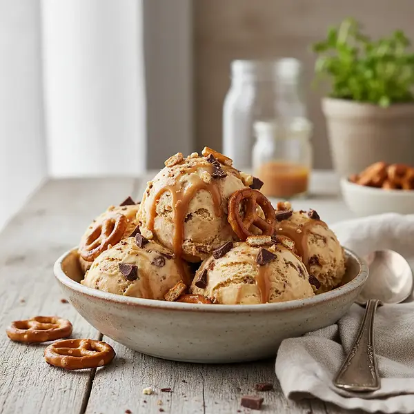 Creamy Salted Caramel Ice Cream with Pretzels and Chocolate (no machine)