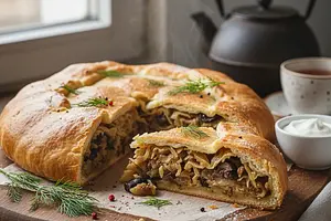 Christmas Kulebiak with Cabbage and Mushrooms