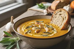 Creamy Pumpkin Soup with Roasted Garlic and Crispy Sage