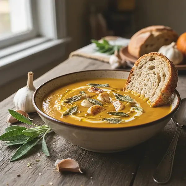 Creamy Pumpkin Soup with Roasted Garlic and Crispy Sage