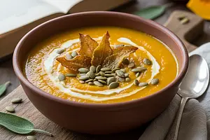 Creamy roasted pumpkin soup with sage chips and toasted seeds
