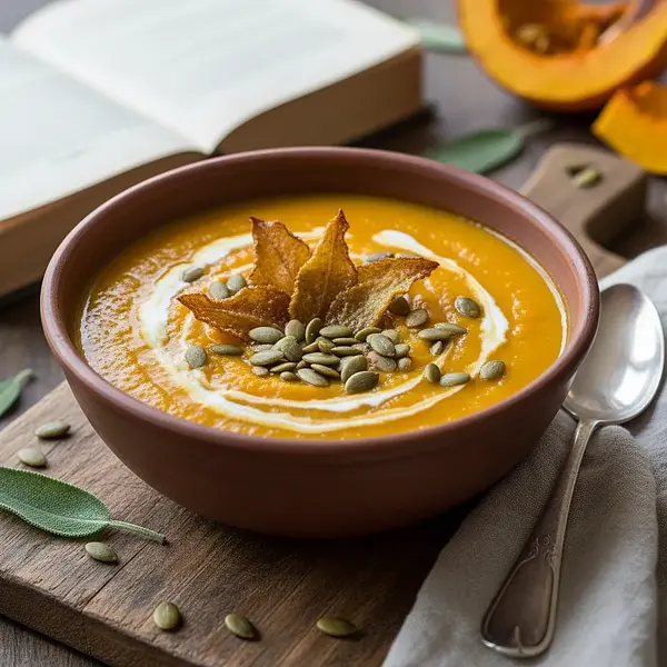 Creamy roasted pumpkin soup with sage chips and toasted seeds