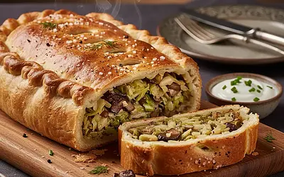 Christmas Kulebiak with Cabbage and Mushrooms
