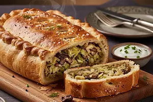Christmas Kulebiak with Cabbage and Mushrooms